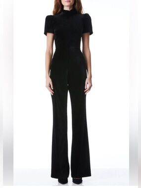 Alice and Olivia size 4 women’s jumpsuit black velour wide leg mock neck ruffle